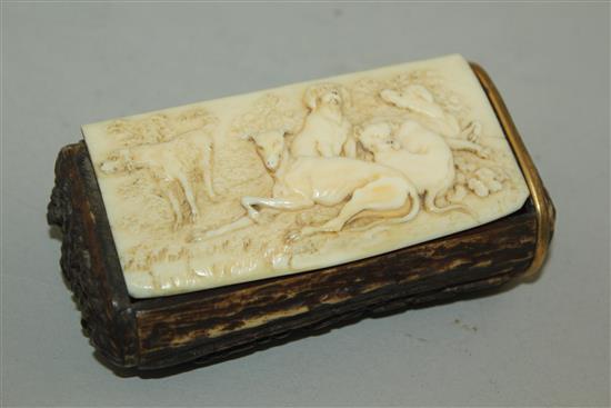 A late 19th century Continental stag horn and ivory snuff box, 4in.